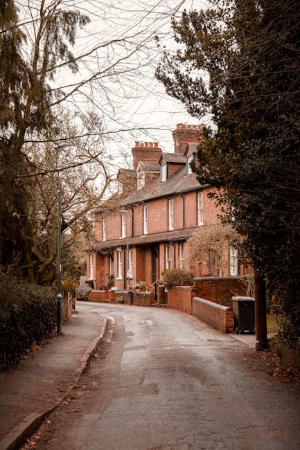 A narrow residential street with a slight curve, lined with tall, leafless trees and brick terraced houses featuring multiple chimney stacks, typical of an urban area. The pavement is visible on the left side, with a small curb separating it from the road, which appears damp and has minor patches of dirt. At the front, a black wheelie bin is positioned against a low brick wall next to one of the houses. Overhanging branches partially obscure the upper levels of the buildings, suggesting late autumn or winter. This scene, captured in natural light with overcast sky, provides an ideal setting for a home relocation or furniture transport process. Occasionally, a van or moving truck may be seen parked nearby, with ongoing loading activities, including the careful handling of boxes, furniture, and packing materials like cardboard and blankets, inside the property or on the street, demonstrating the logistics of professional removals. Kentish Town Man and Van often conduct such detailed house removals in similar environments, ensuring safe and efficient furniture transport and packing for clients on narrow access streets like this one.